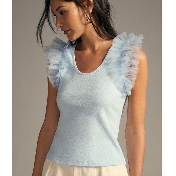 Anthropologie Tops - Anthropologie Dolan NWOT Size L, M Tulle Ruffle Sleeve Tank Blue Ribbed Knit